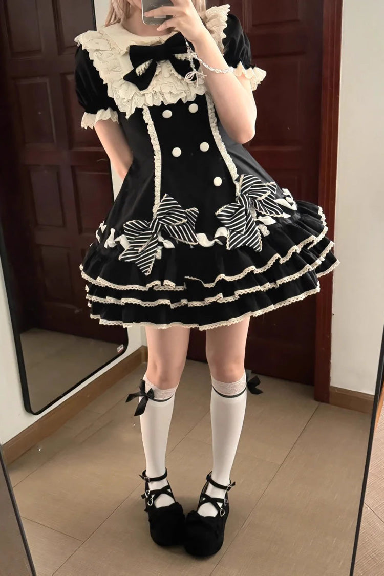 Black [Striped Layered] Short Sleeves Multi-Layered Ruffle Bowknot Sweet Princess Lolita Tiered Dress