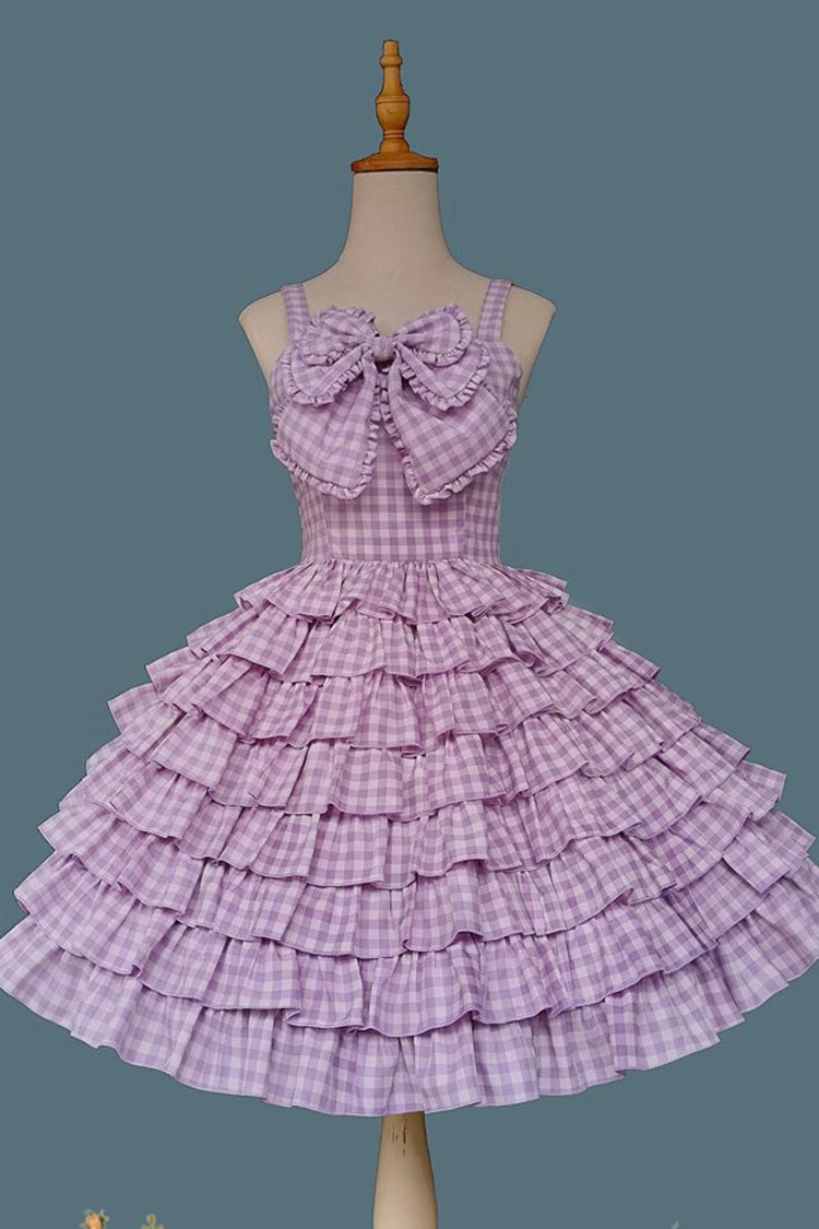 Multi-layer Plaid Print Ruffle Bowknot Sweet Lolita Tiered Dress 3 Colors