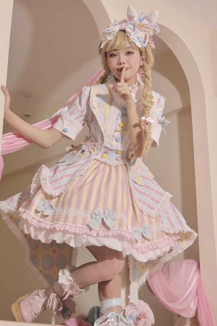 Blue/Pink Short Sleeves Weird Theater Print Ruffle Bowknot Sweet Lolita Dress