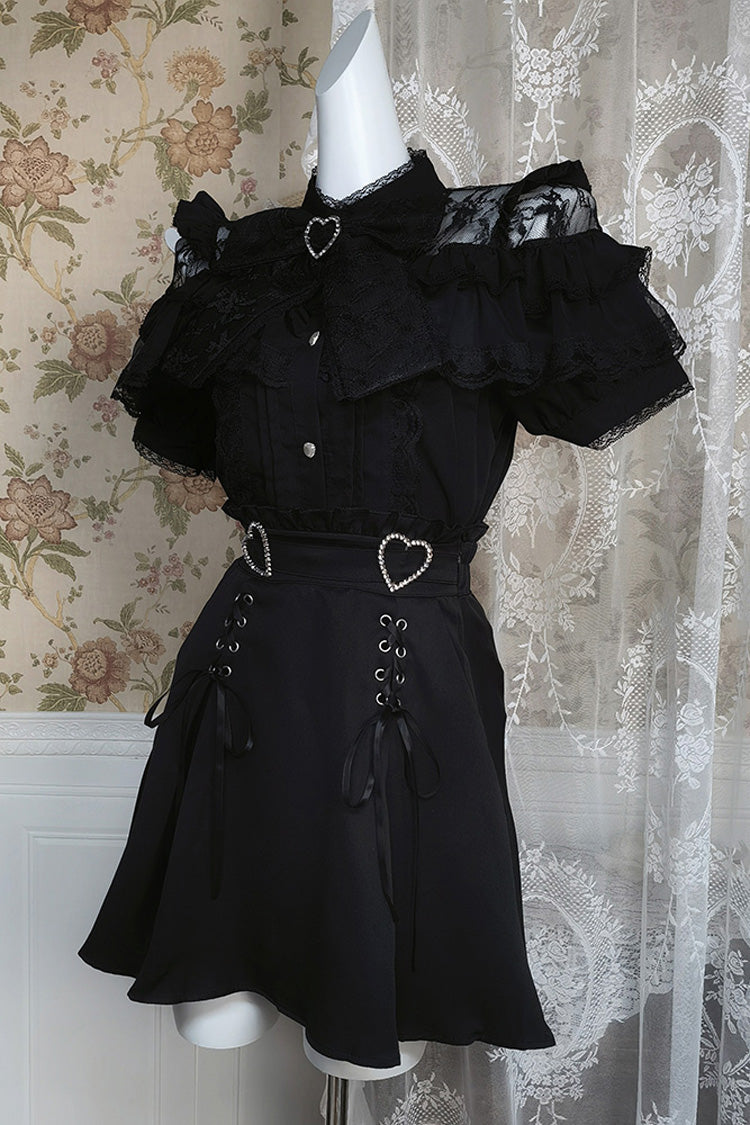 Black Ruffle Bowknot Lace Gothic Jirai Kei Japanese Skirt Set