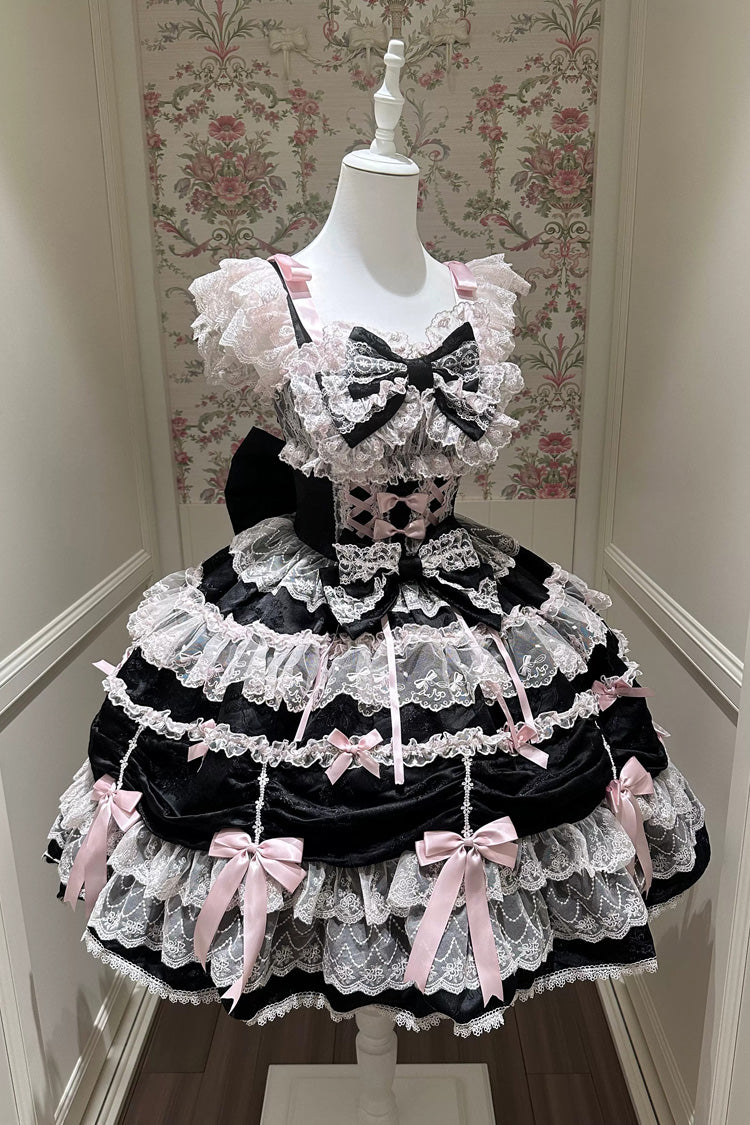 ブラック/ピンク [シルクサテン ギフトボックス] スクエアカラー ノースリーブ 多層フリル リボン レース スイート ロリータ JSK ドレス