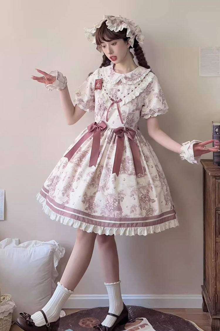 Smoky Purple [Grape Moon Almanac] Short Sleeves Multi-Layered Printed Ruffled Bow Sweet Lolita Dress