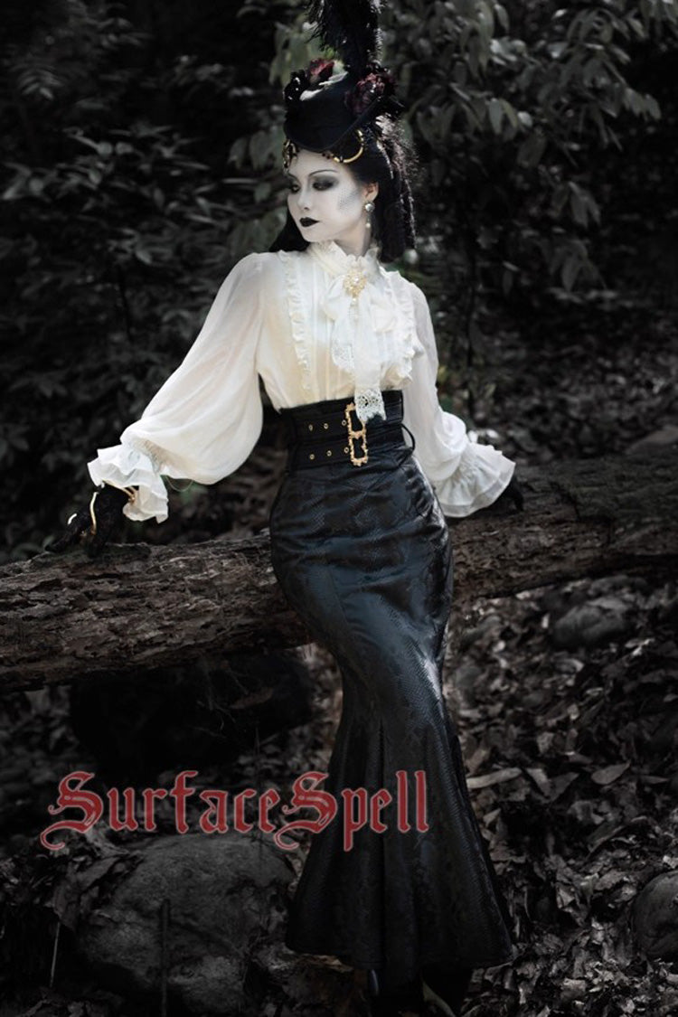 Black Faux Leather Snake Print Flared Fishbone Mermaid Gothic Lolita Skirt