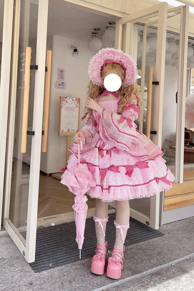 Pink [Velvet Cake] Long Trumpet Sleeves Multi-Layered Ruffle Bowknot Lace Sweet Lolita Dress