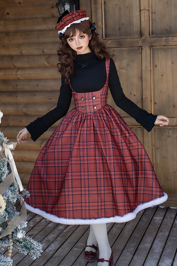 Red Striped Plaid Print Fall Winter Fishbone Sweet Corset Lolita Dress 2 Versions