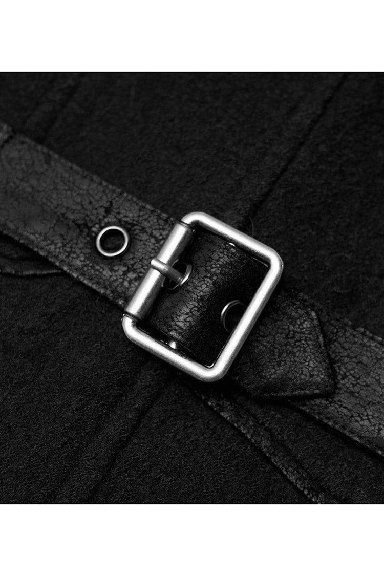 ブラックパンクスタンドアップカラーメタルバックルクラックレザーストラップ装飾レースアップ袖口ウールレディースコート