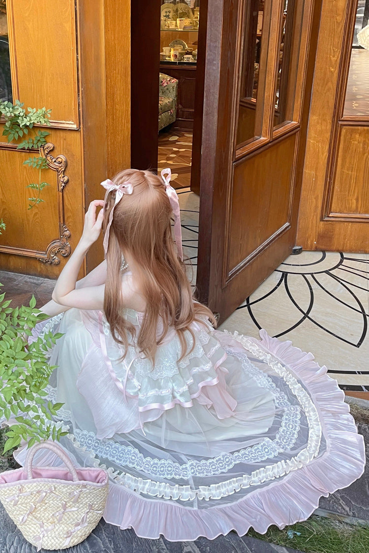 Rosa/Grün Sommer Garten Rüschen Stickerei Bowknot Spitze Süße Lolita Jsk Langes Kleid