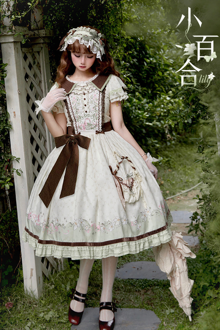 Robe Lolita Douce Élégante Verte/Ivoire [Lily] à Manches Courtes avec Imprimé, Volants, Broderie, Nœud Papillon et Dentelle 