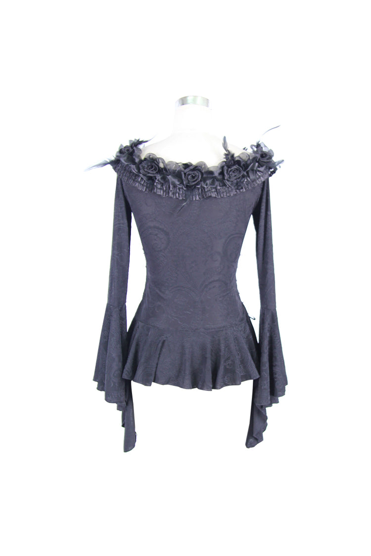 Black Knit One-Word Shoulder Rose Decoration Collar Waist Side Splice Lace Up Flare Sleeve Women's Gothic Shirt