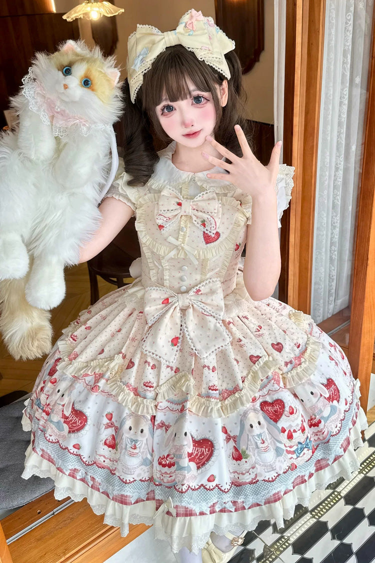 Yellow [Sweet Bunny Party] Square Collar Sleeveless Printed Ruffled Bow Sweet Lolita Jsk Dress Set