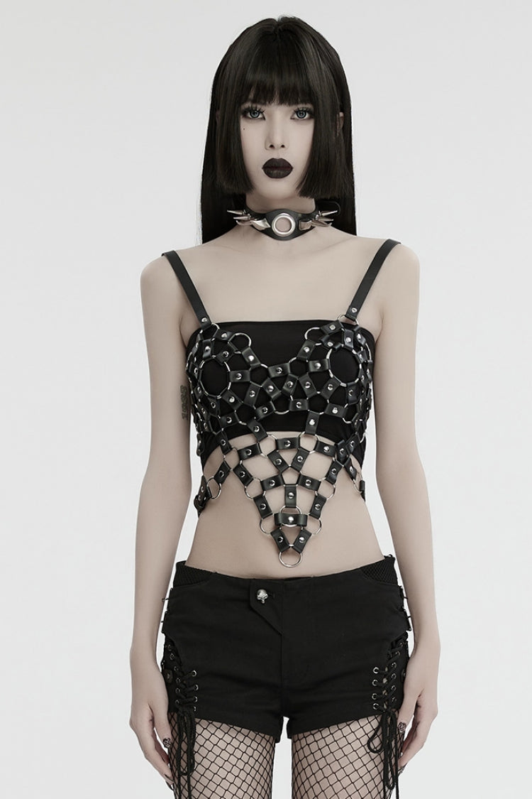 Black Faux Leather Stitching Cutout Ring Women's Punk Crop Top