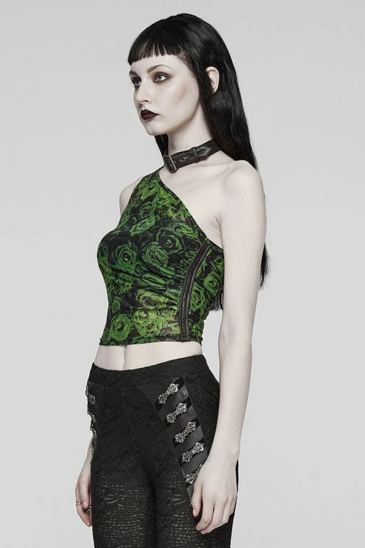 Asymmetrische schulterfreie ärmellose Print Damen Steampunk Neckholder Weste 2 Farben
