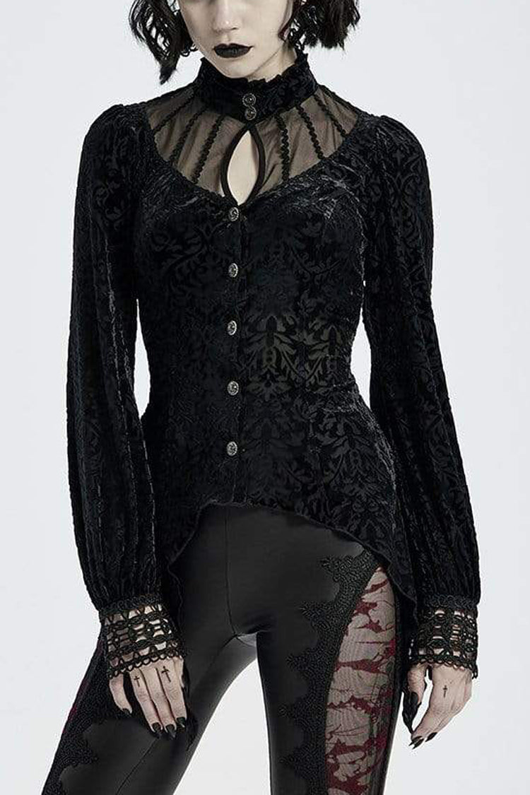 Black High Collar Long Sleeves Floral Print Hollow Stitching Irregular Hem Womens Gothic Blouse