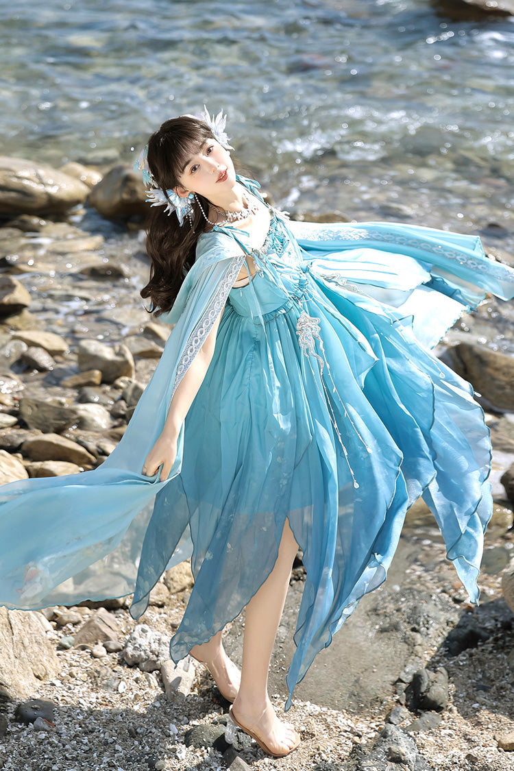 Blue [Ocean Sprite] Gradient Print Irregular Hooded Sweet Lolita Jsk Dress Cloak Set