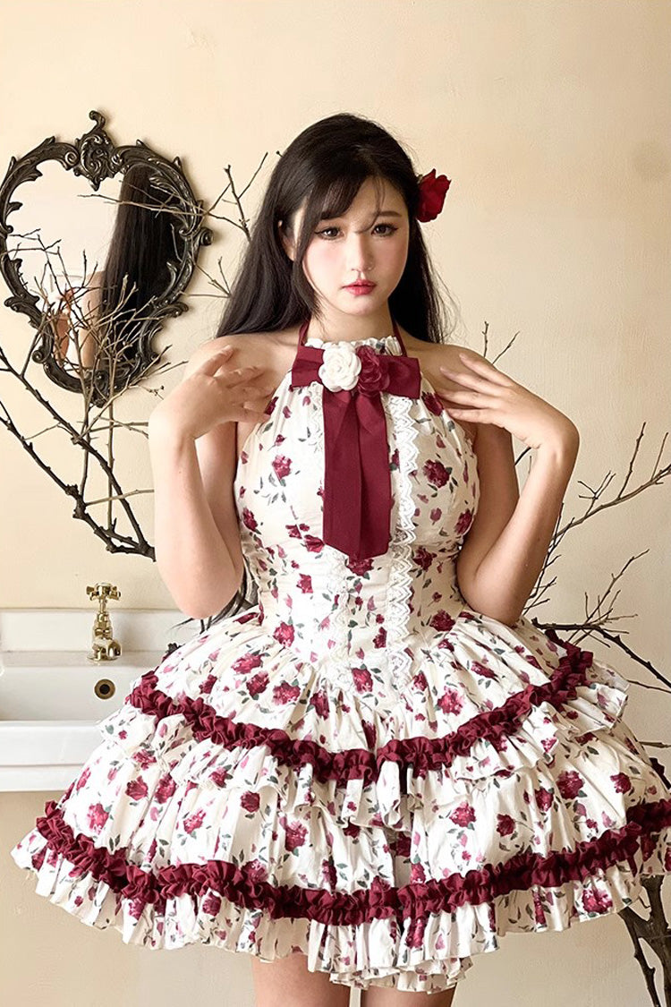 Chinese Ruffles Red/White Halterneck Romantic Rose Print Ruffle Bowknot Sweet Chinese ...