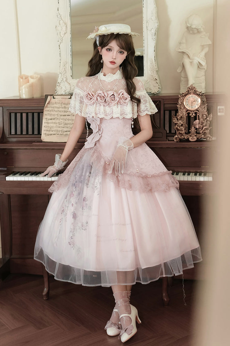 Ensemble de robe Lolita élégante et douce asymétrique en dentelle avec nœud de broderie à volants rose [Poèmes de Rose] 