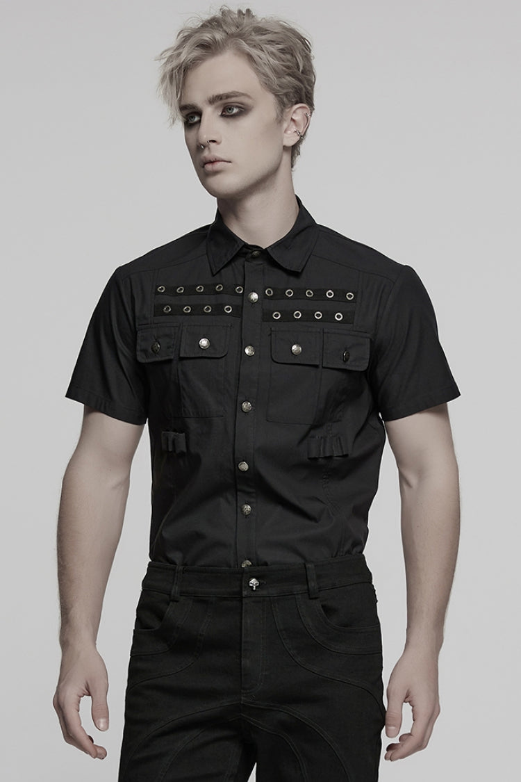 Schwarze Bluse mit Reverskragen, kurzen Ärmeln, Tasche und Ösen im Punk-Stil für Herren 