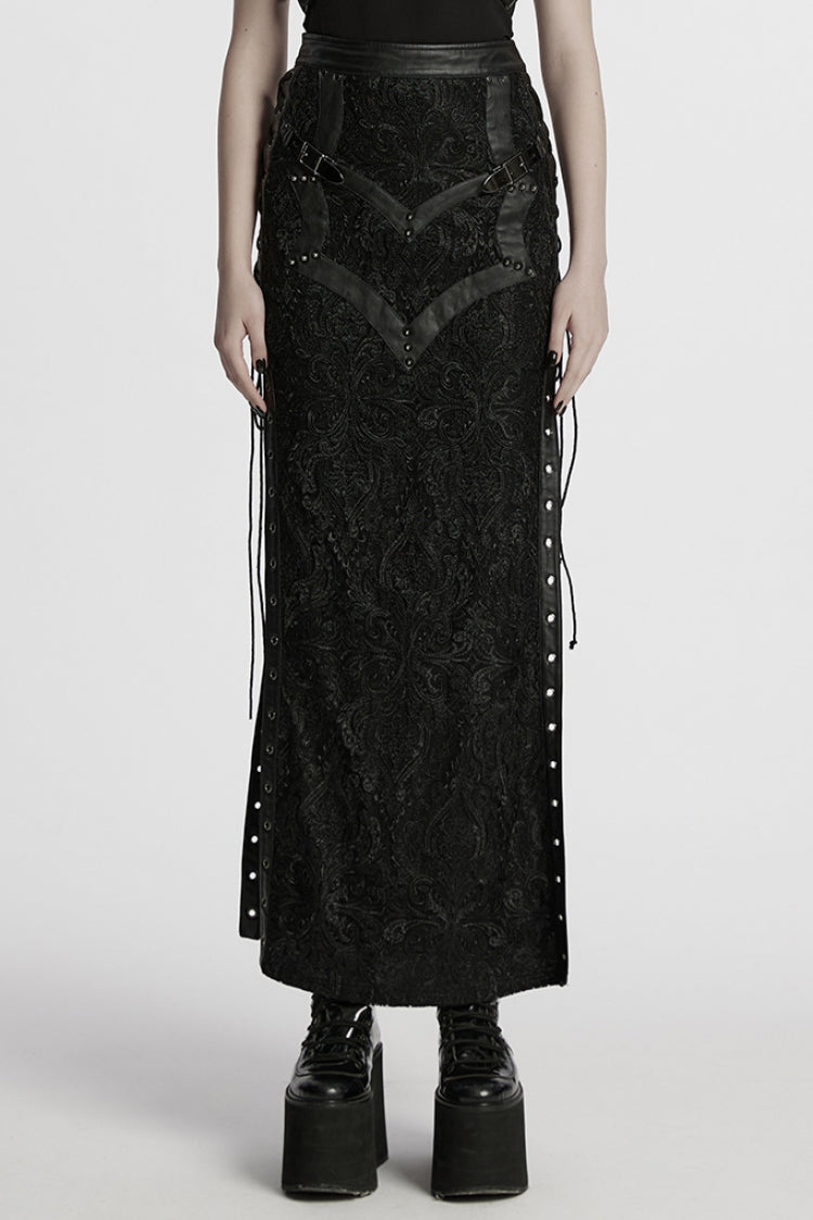 Black Studded Embossed Embroidery Lace-Up Women's Gothic Skirt