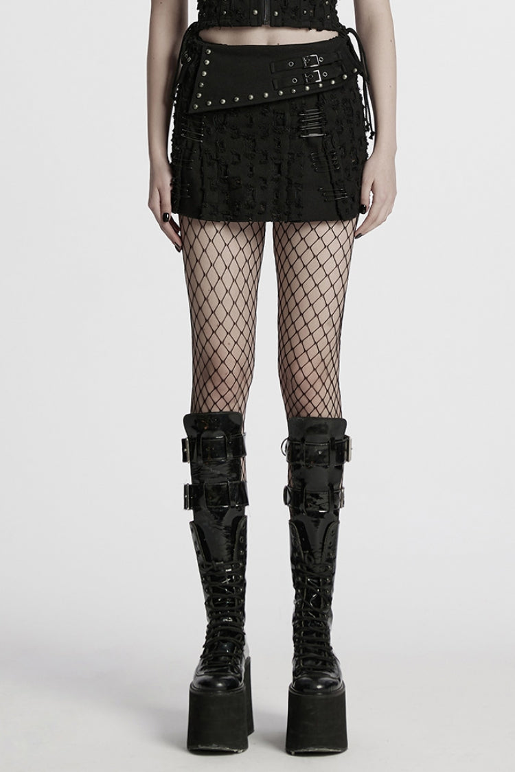 Jupe en jean punk asymétrique déchirée noire avec clous pour femme 