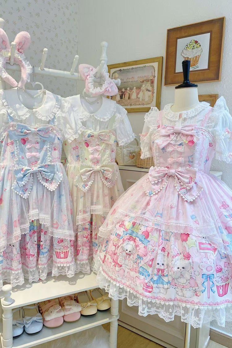 Blue [Cute Rabbit Sweet Cake] Print Ruffle Bowknot Lace Sweet Lolita Jsk Dress