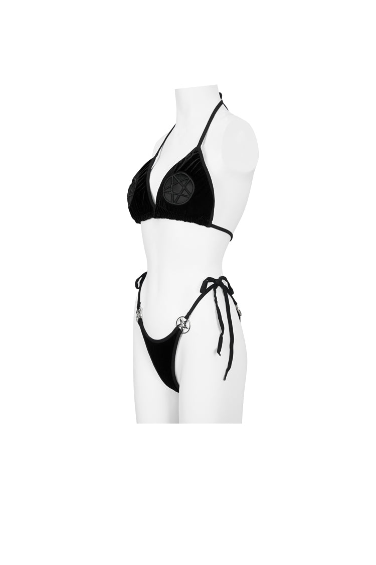 Black Velvet Stretch Sexy Cutout Pentagram Women's Gothic Swimsuit Set