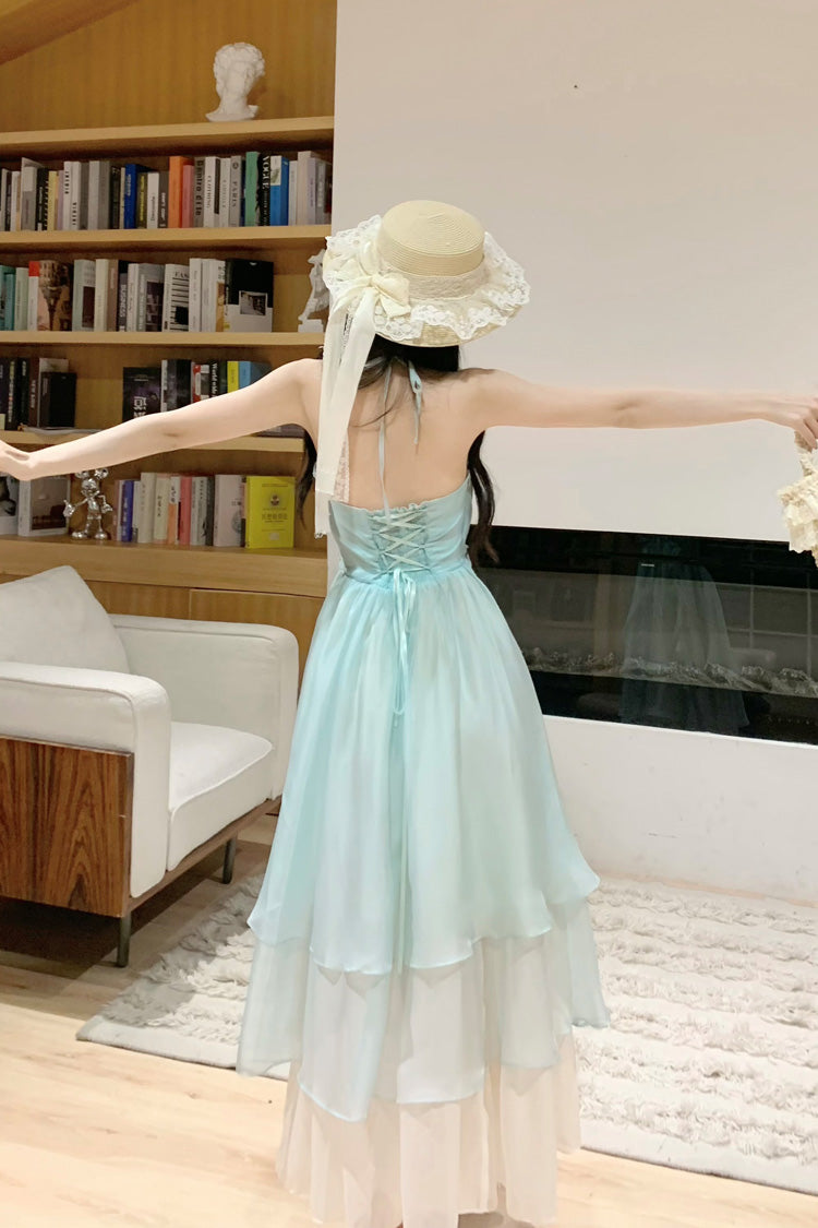 Mint Green [Dreaming About The Sea] Sleeveless Triple-Layered Ruffle Lace-Up Sweet Lolita Jsk Dress
