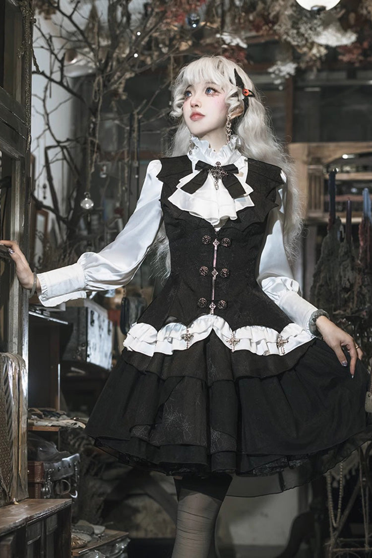 Black/White [The Duke of Blood] Multi-Layered Ruffle Bowknot Gothic Lolita Vest Skirt Set