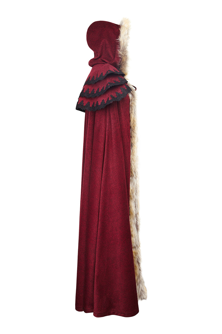 赤いフード付き毛皮の襟ウールロングレディースゴシックコートマント