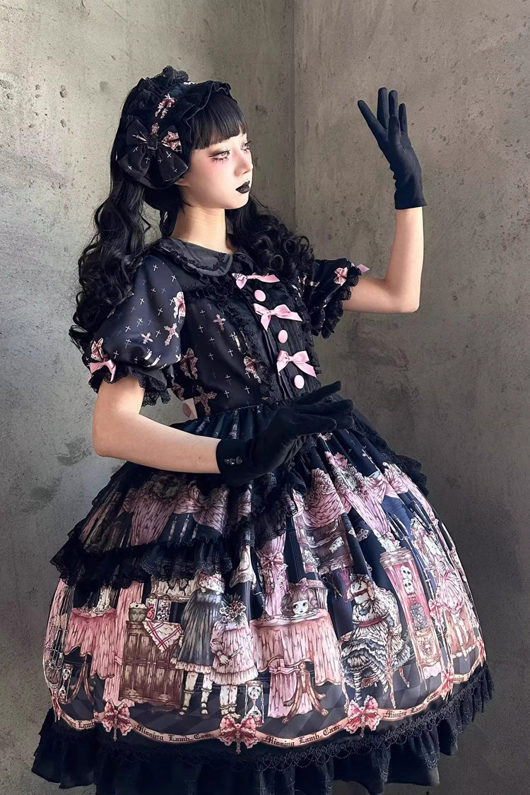 Noir [Le Cas de l'Agneau Disparu] Imprimé Manches Longues Volants Nœud Papillon Dentelle Robe Gothic Lolita 