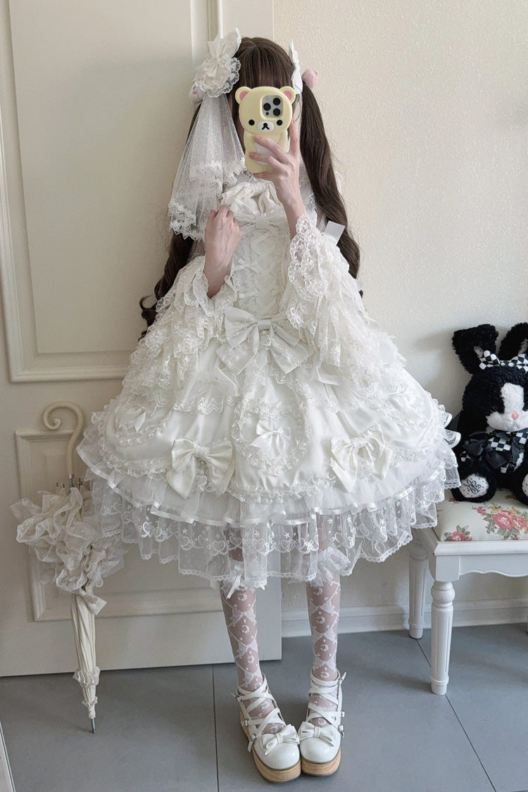 White [Sweetheart] Sleeveless Multi-Layered Embroidered Bow Lace Lace-Up Sweet Lolita Jsk Dress