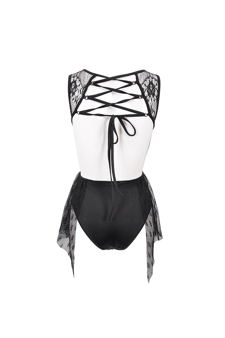Black Lace Stitching Back Cross Strap Lace Up Women's Gothic One Piece Swimsuit