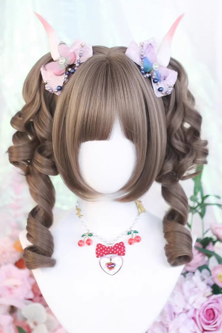 Kurze römische Locke mit zwei Zöpfen, süßes Lolita-Perückenset, 3 Farben