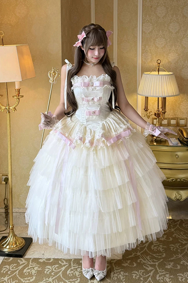 Beige/Pink [Cloud Satin Girl] Square Collar Sleeveless Multi-Layered Jacquard Ruffled Bow Sweet Elegant Lolita Jsk Dress