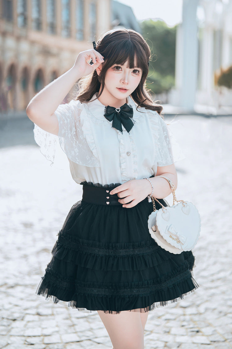 Ensemble deux pièces noir/blanc [lapin en velours de neige], manches courtes, Double couche, nœud à volants, dentelle, grande taille, col marin japonais