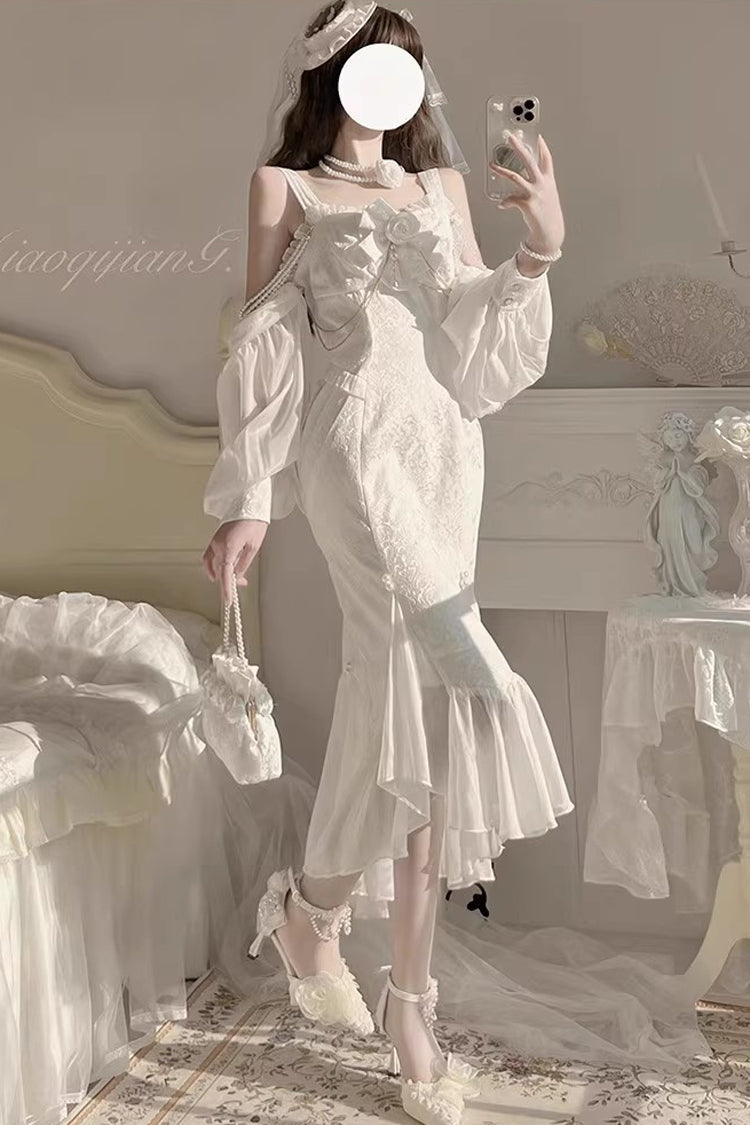 White [Camellia 1.0] Sleeveless Jacquard Ruffle Lace Sweet Chinese Style Lolita Jsk Fishtail Dress