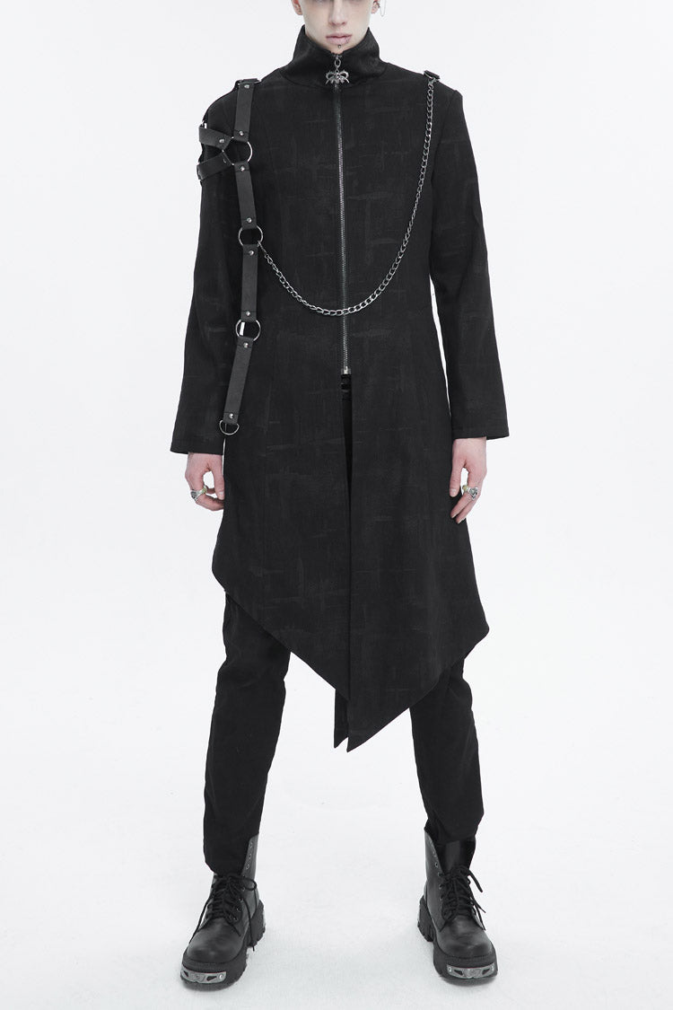 Black Stand Collar Asymmetric Hem Matching Shoulder Strap Long Men's Gothic Coat