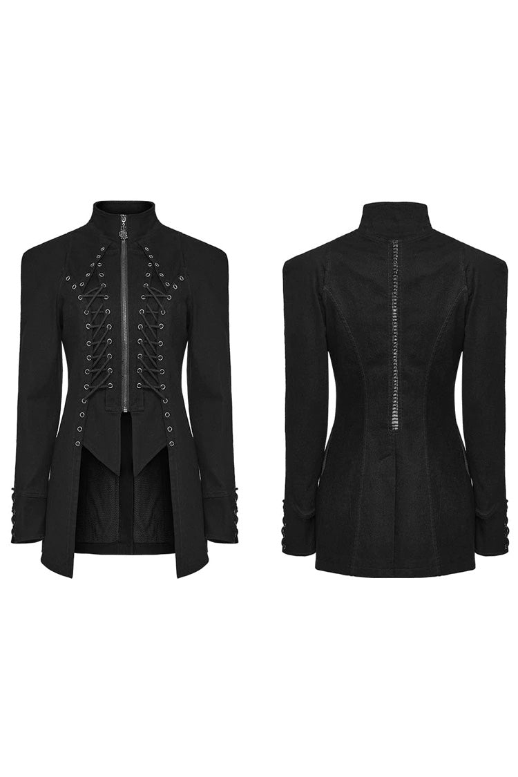 Black Denim Eyelet Rope Stand Collar Zipper Slim Irregular Womens Steampunk Coat