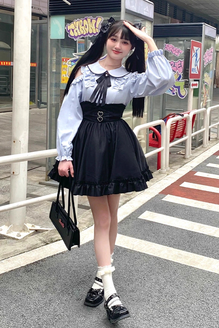 Black/Blue Long Sleeves Ruffle Off Shoulder Sweet Lolita Skirt Set