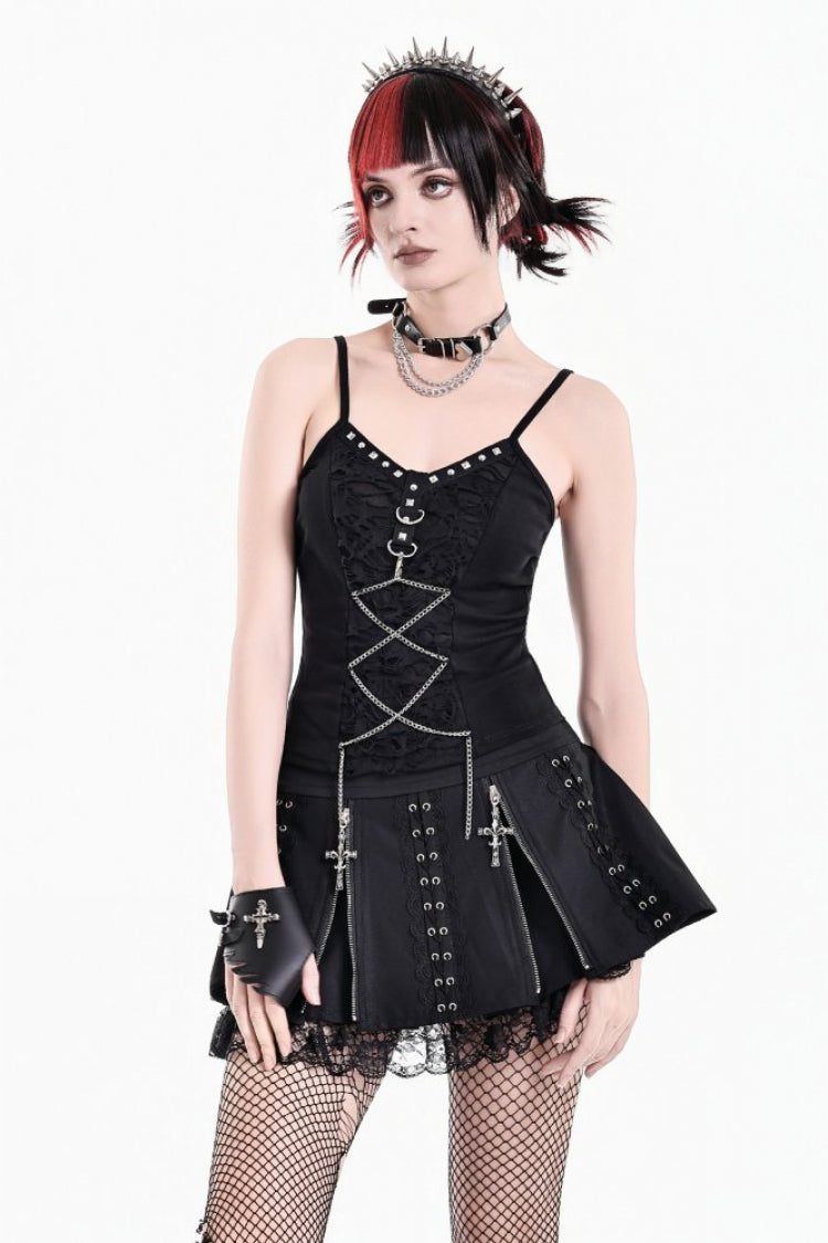 Camisole punk pour femme noire décorée de chaînes cloutées