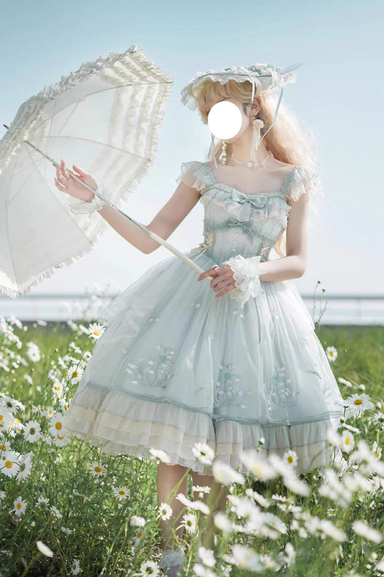 Light Green [Love Is Coming] Multi-layer Ruffle Embroidery Bowknot Sweet Princess Lolita Jsk Dress