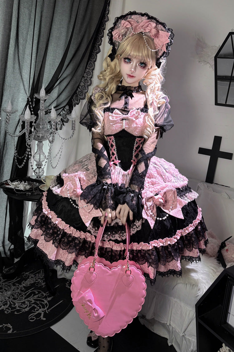 Black/Pink [Rose Princess] Sleeveless Ruffle Bowknot Lace Lace-Up Sweet Ballet Lolita Jsk Dress