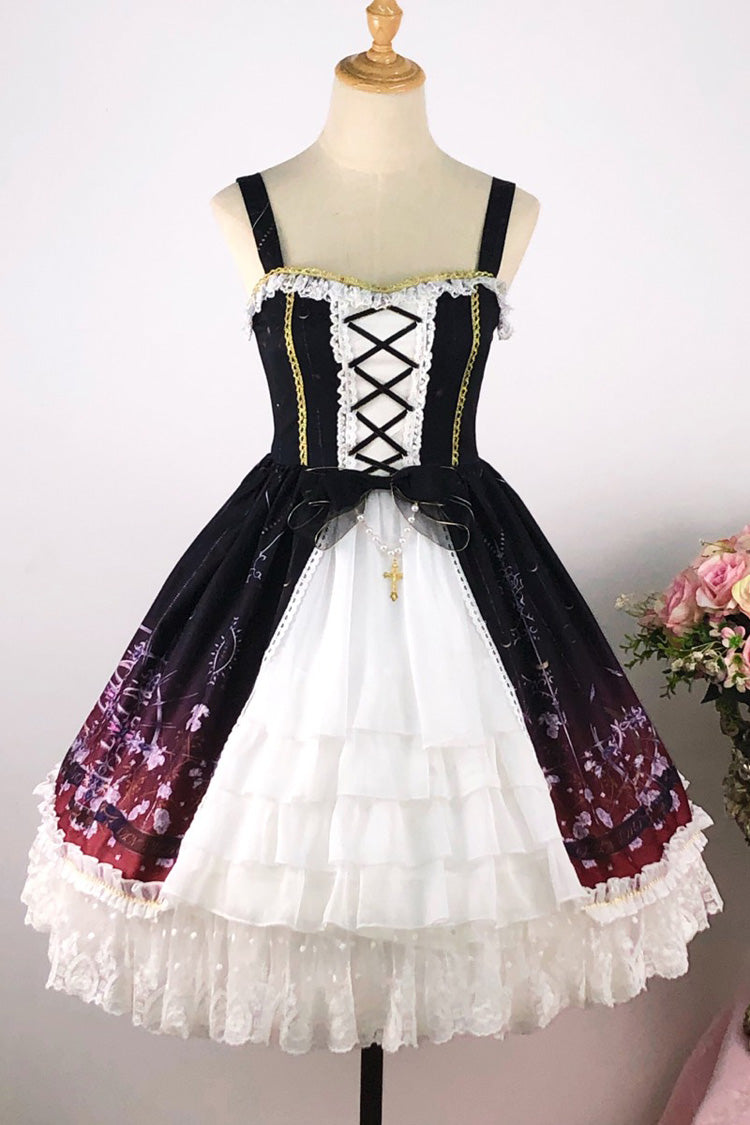 Robe Jsk Lolita douce et élégante sans manches noire/rouge avec imprimé dégradé, cardigan à volants, nœud papillon et laçage 