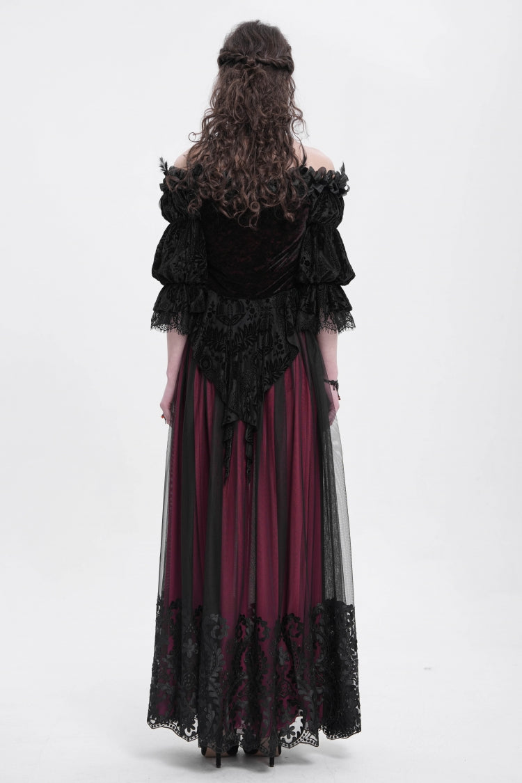 Red Stitching Floral Mesh Women's Gothic Skirt