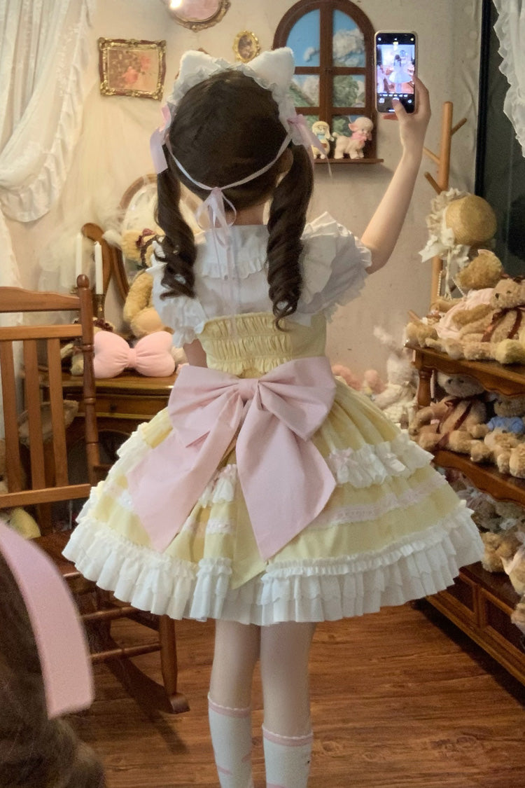Yellow [Meowling Sweet Maid] Sleeveless Multi-Layered Ruffle Bowknot Lace Sweet Princess Lolita Jsk Dress