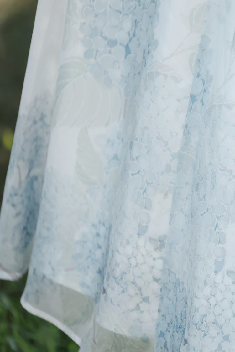Robe Lolita élégante de style chinois doux avec manches courtes imprimées, volants en dentelle et message d'hortensia blanc 