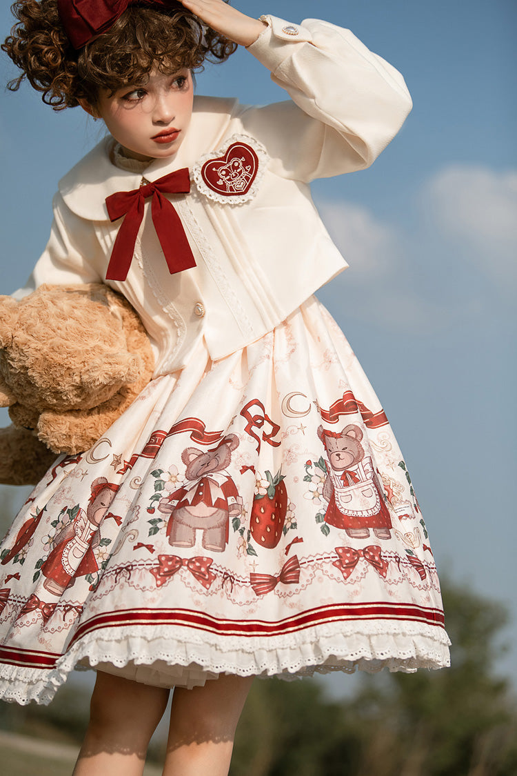 Ivory/Red Strawberry Bear Print Ruffle Bowknot Sweet Princess Lolita Jsk Dress