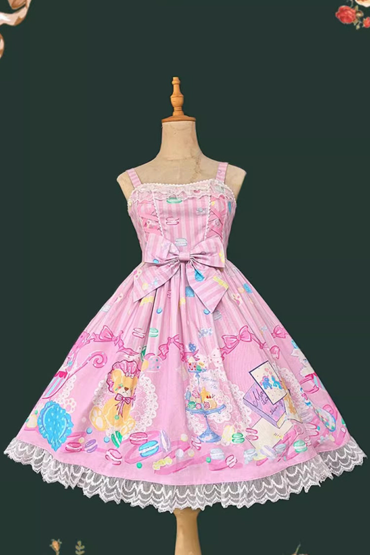 [Macaron Dolly House] Robe Jsk Lolita douce sans manches avec imprimé, nœud et lacets 3 couleurs 