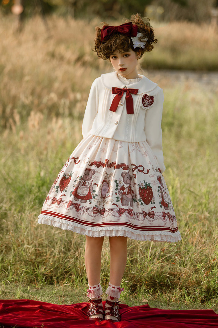 Ivory/Red Strawberry Bear Print Ruffle Bowknot Sweet Princess Lolita Jsk Dress