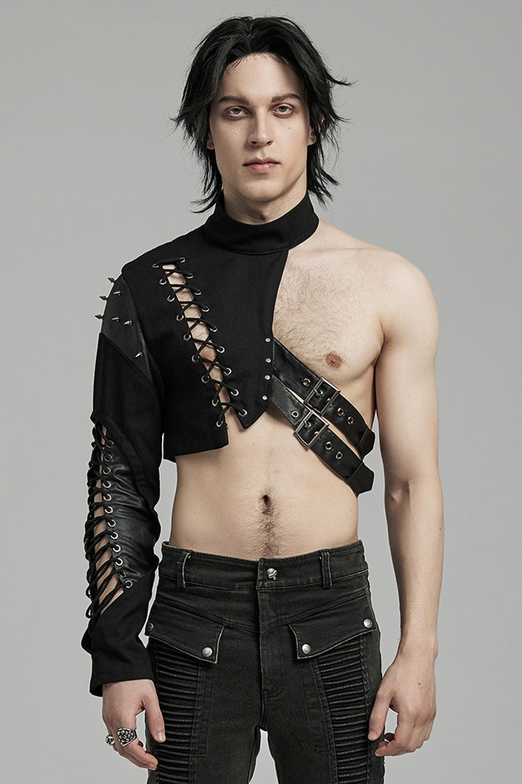 Black Stand Collar Asymmetric Rivet Buckle Men's Punk Faux Leather Harness