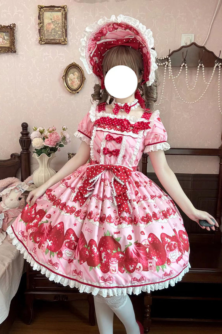 Pink [Strawberry Gift Box] Short Sleeves Print Ruffle Bowknot Lace Sweet Lolita Dress